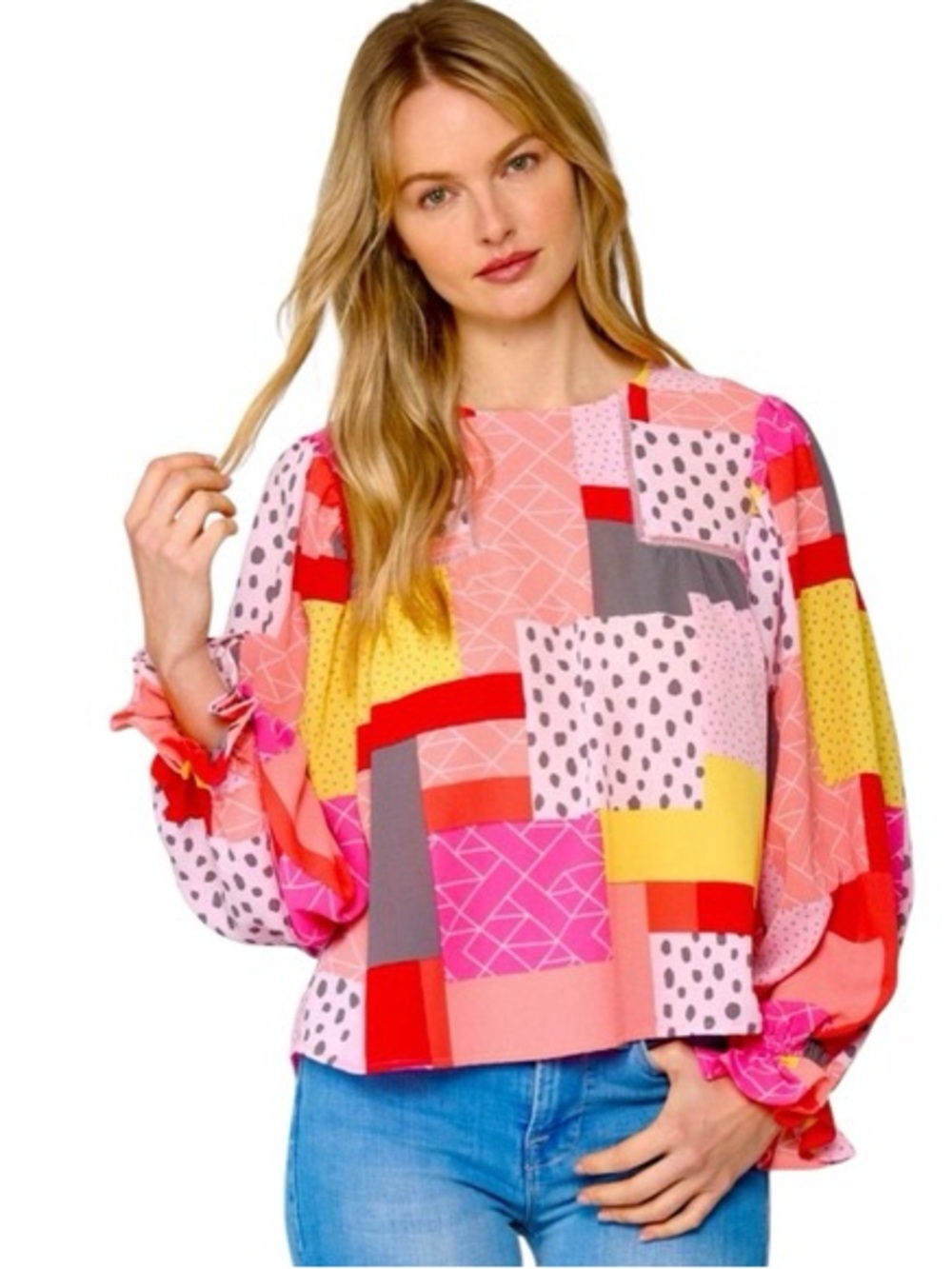 Fate Pink Multi Patchwork Balloon Sleeve Blouse